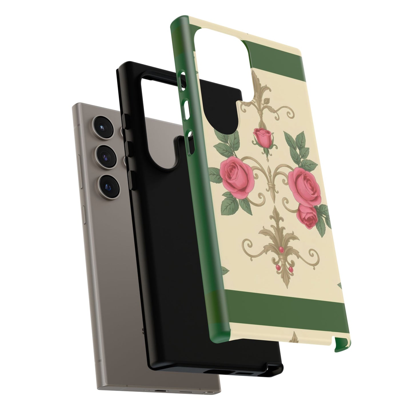 Elegant Floral Motif Phone Case - Tough Cases with Vintage Design - Green Border Roses & Damask