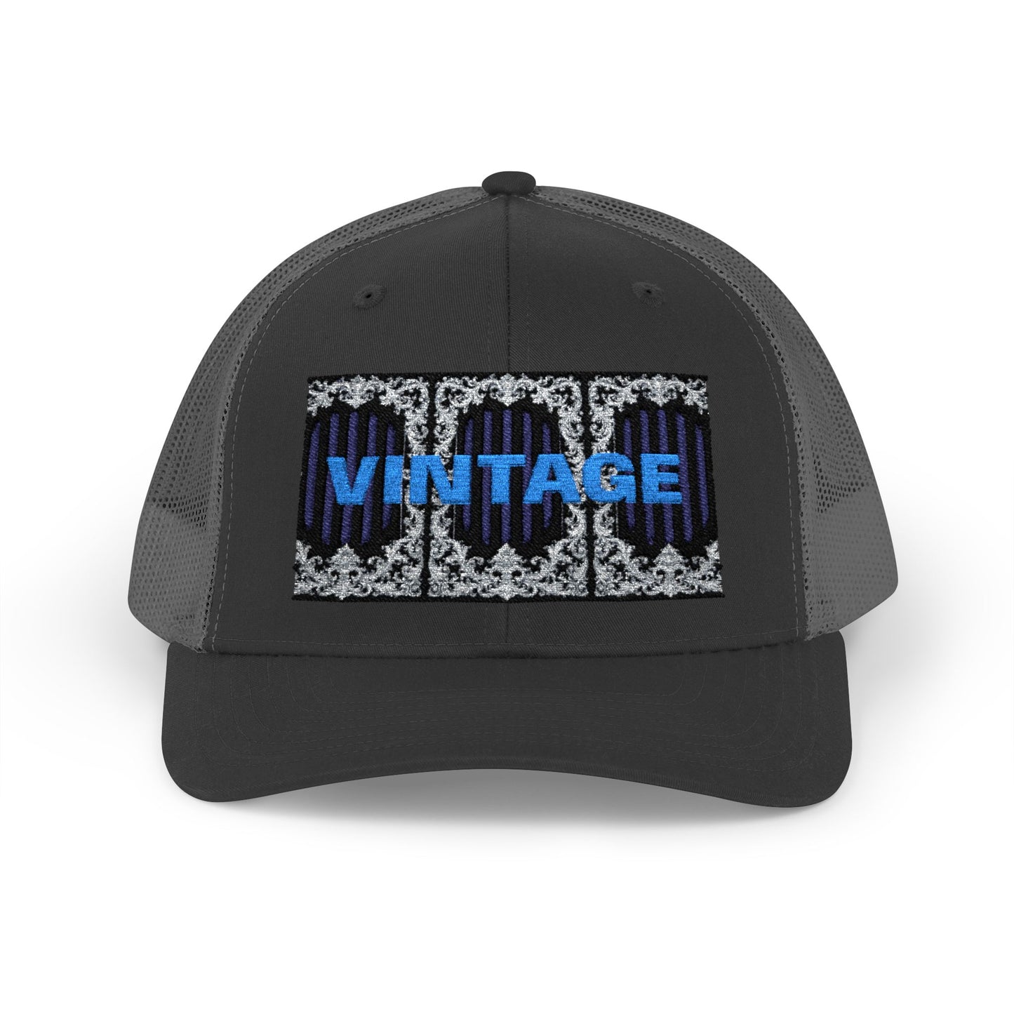 Vintage Navy Stripes & Baroque Trucker Cap — Retro 'VINTAGE' Embroidered Snapback