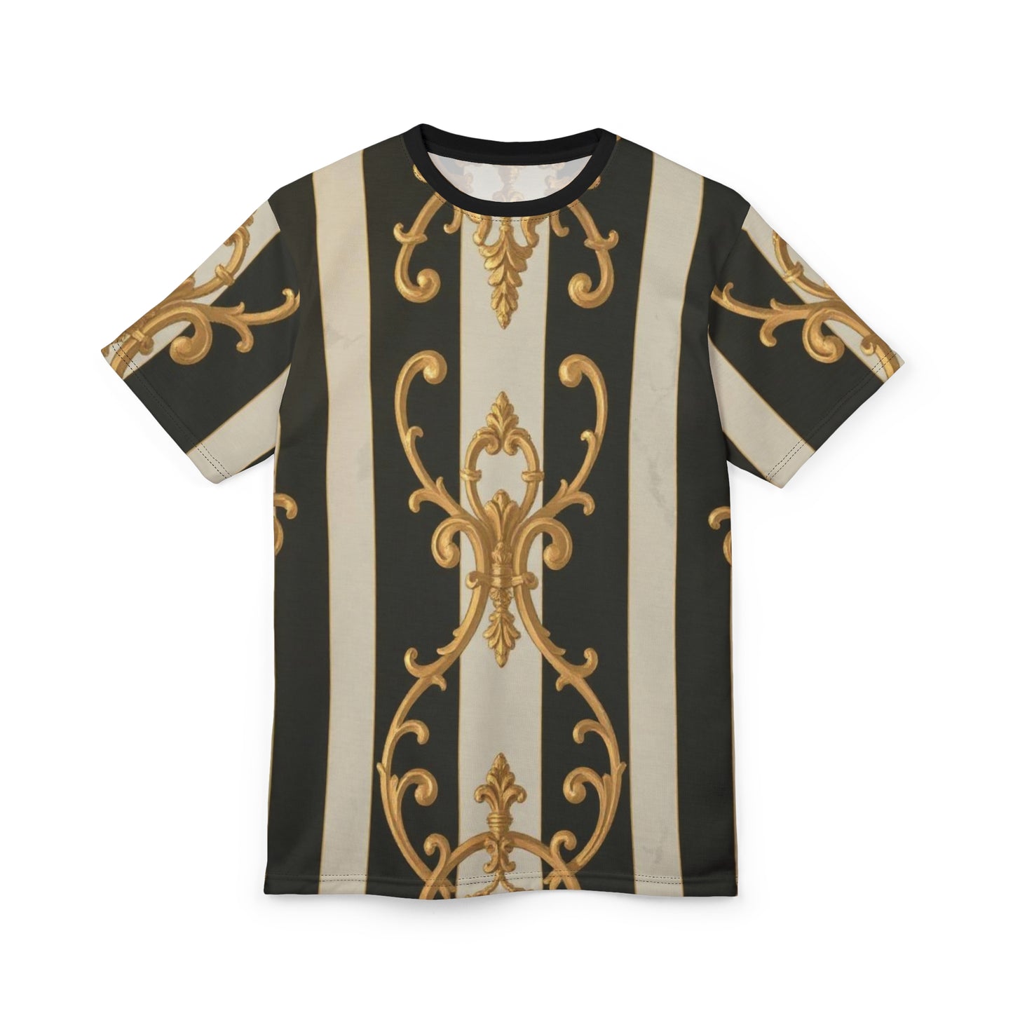 Elegant Black & Alabaster Striped Baroque Unisex Tee, Luxurious Fashion Tee, Trendy Graphic T-Shirt, Statement Casual Wear, Gifts for Fashion Lovers