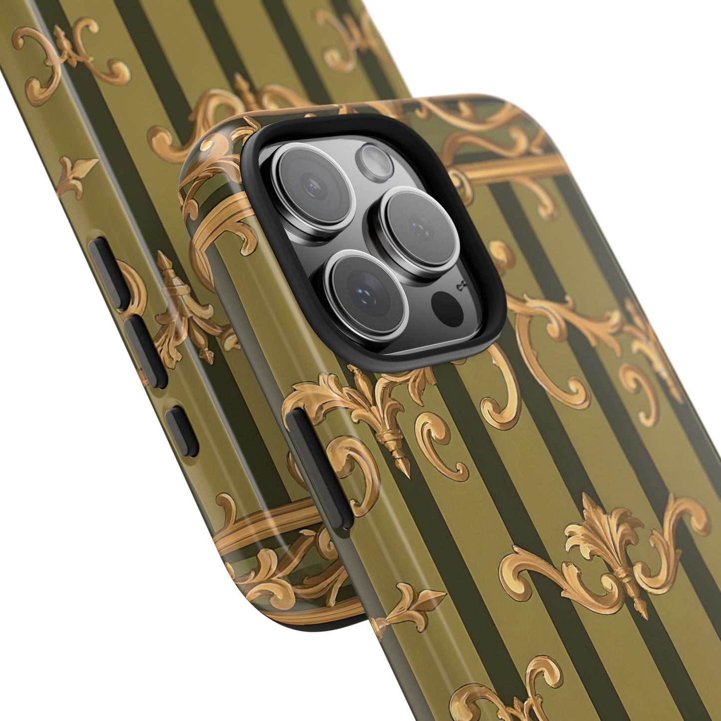 Elegant Vintage Phone Case - Tough Protection with Classy Design, Stylish Phone Cover for Fashion Lovers - Olive Green Striped Rococo