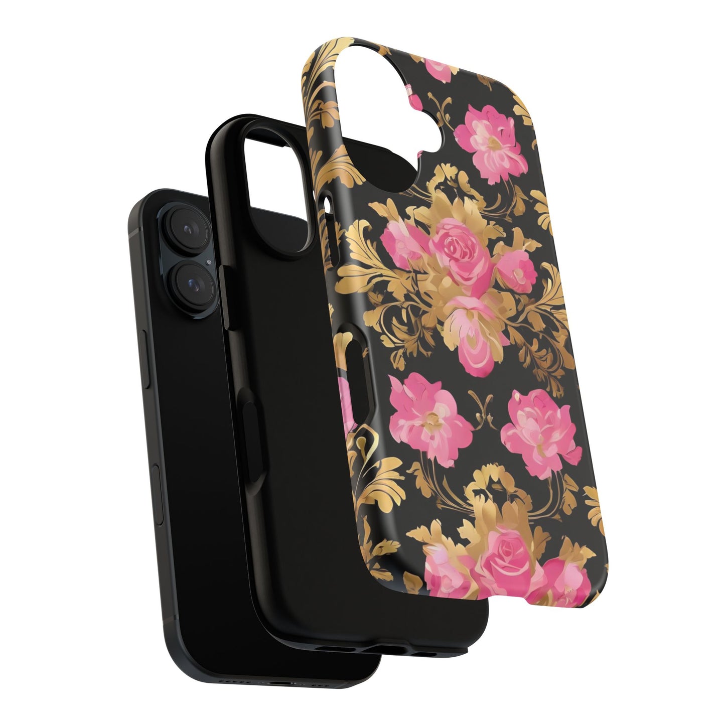Elegant Floral Motif Phone Case - Tough Cases with Vintage Design - Pink & Gold Roses