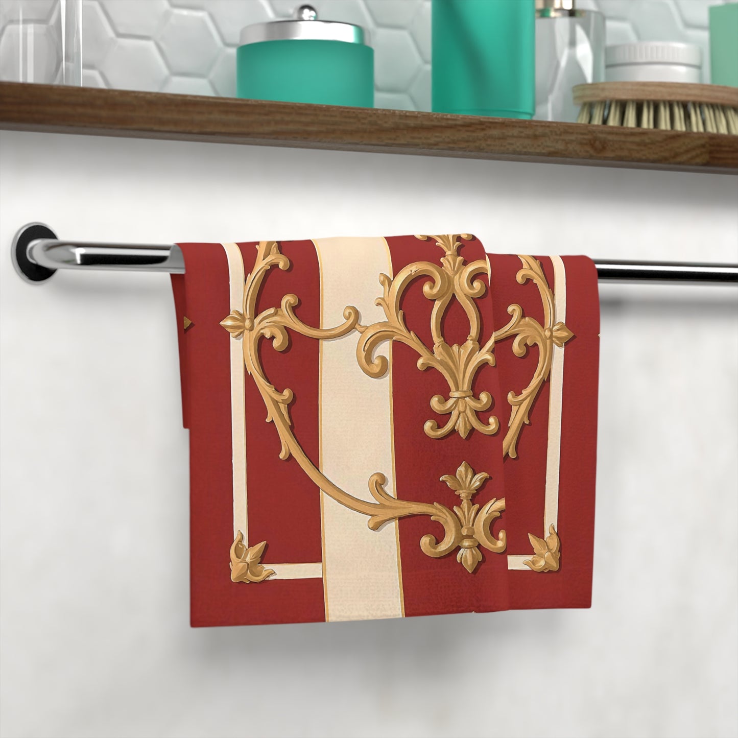 Elegant Decorative Face Towel | Luxurious Bathroom Accessory, Gift for Hostess, Spa Day Essential- Alabaster & Dusk Orange Striped Baroque