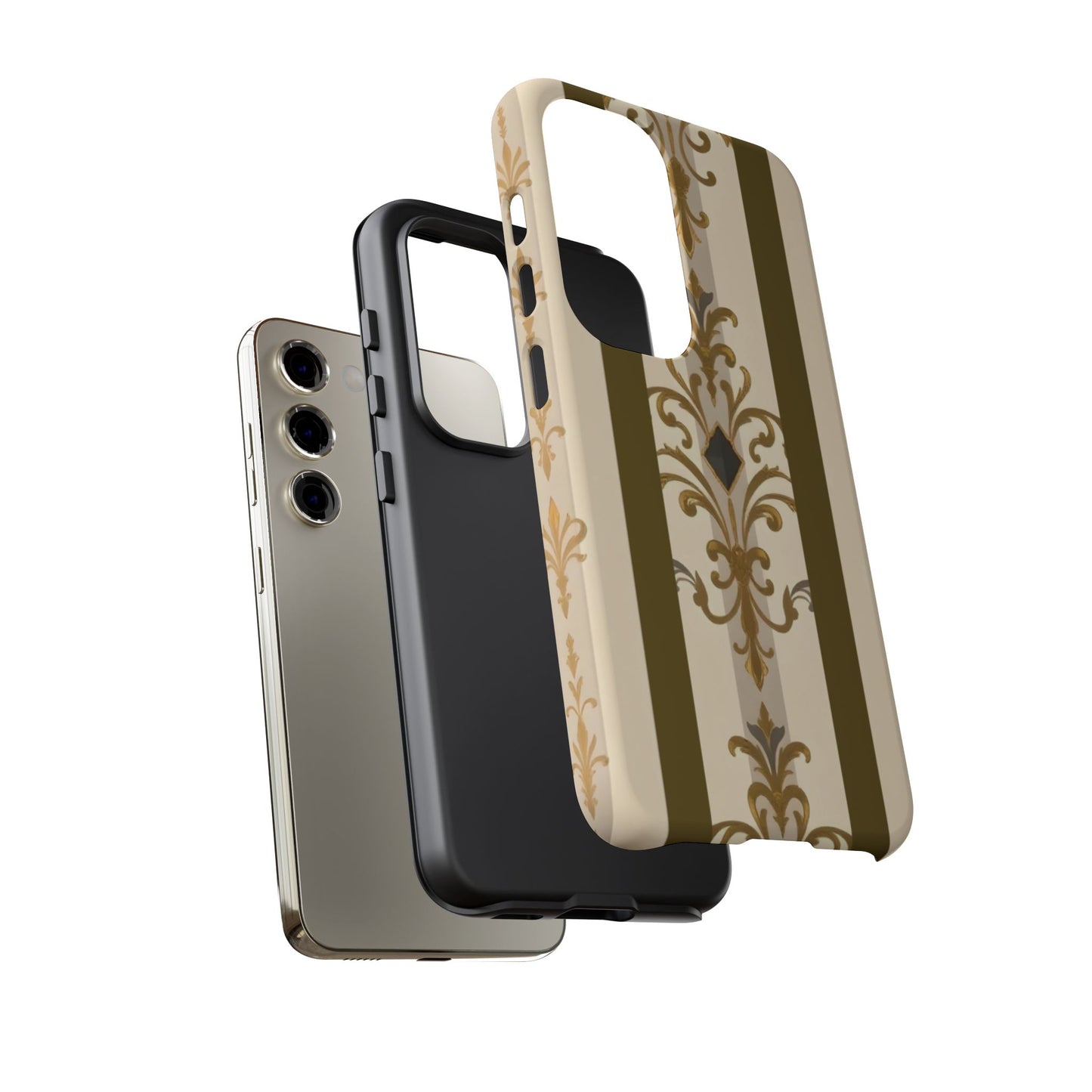 Elegant Floral Motif Phone Case - Tough Cases with Vintage Design - Olive Striped Gold Damask