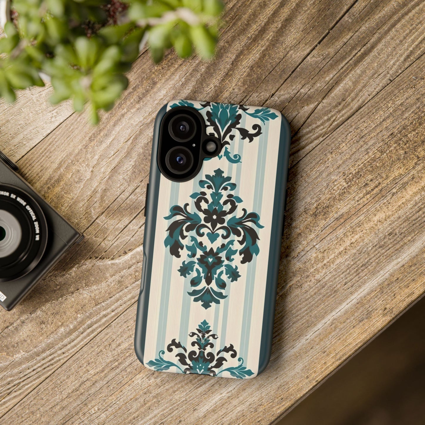 Elegant Floral Phone Case - Tough Cases with Vintage Design - Teal Striped Damask