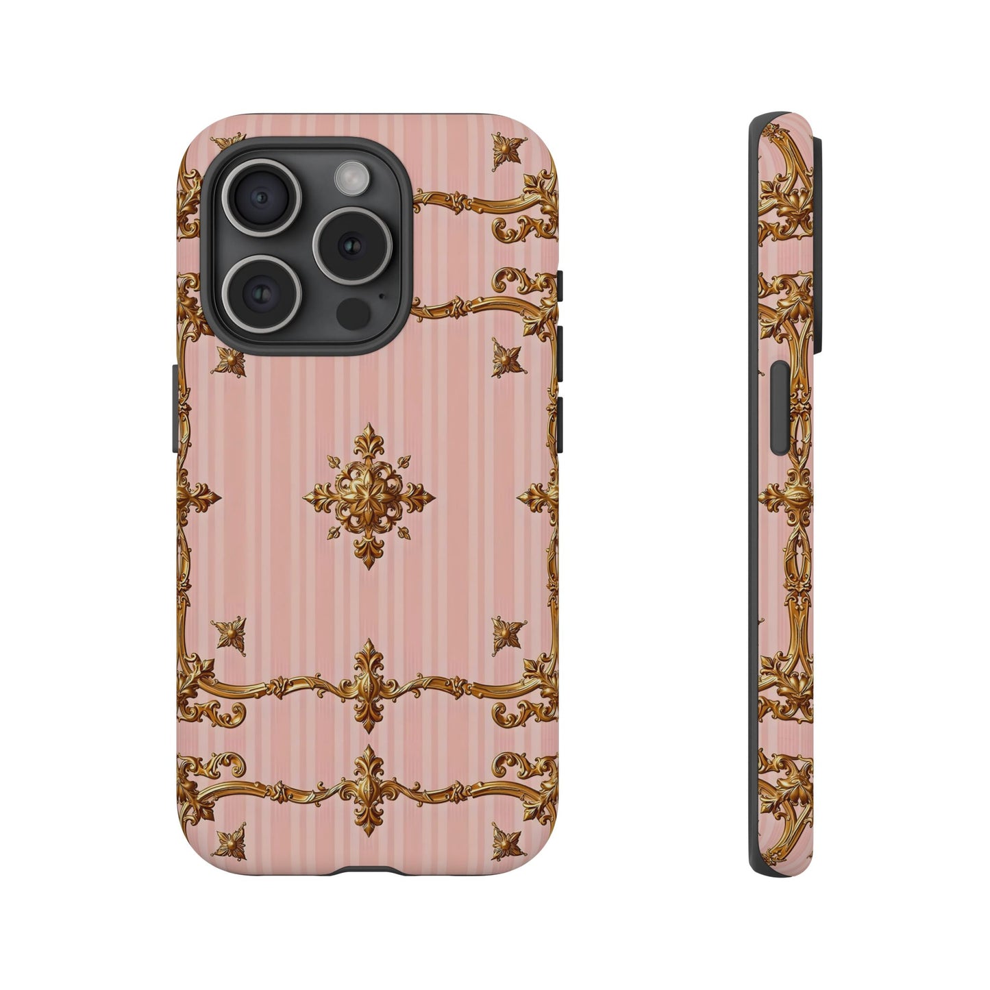 Elegant Floral Phone Case, Tough Cases for Women, Trendy Phone Cover, Chic Gift - Pink Striped Gold Baroque
