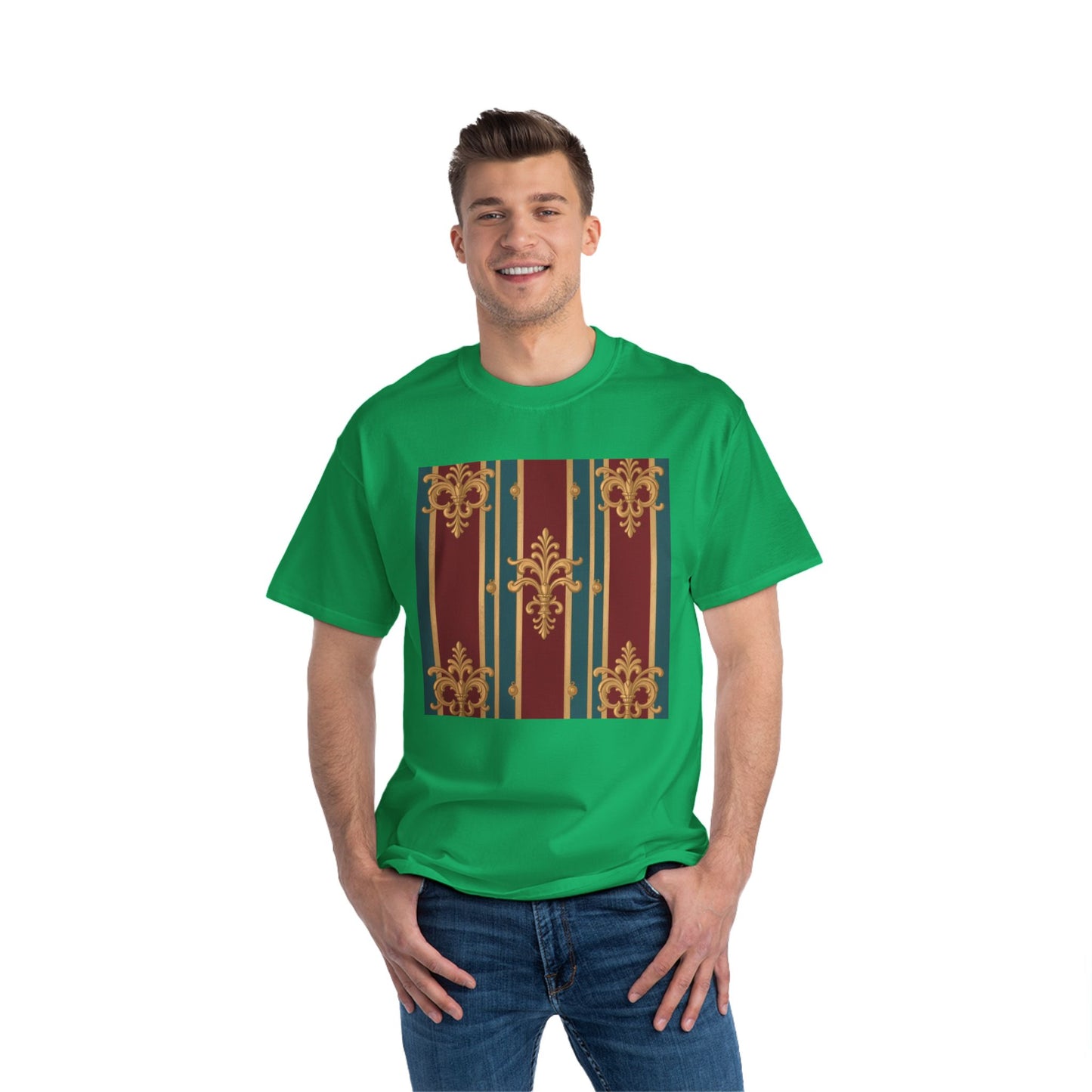 Elegant Vintage Patterned Beefy-T® Short-Sleeve T-Shirt | Casual Wear, Summer Tops, Unique Gift - Burgundy Striped Gold Baroque