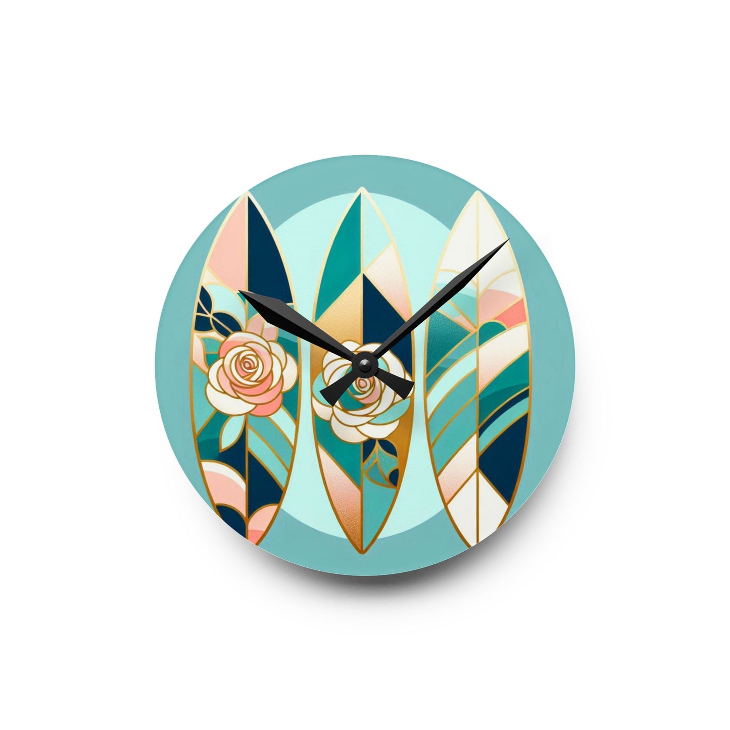 Bohemian Surf-Inspired Acrylic Wall Clock with Floral Design - Blue, Pink & Aqua Surfboard & Roses Design