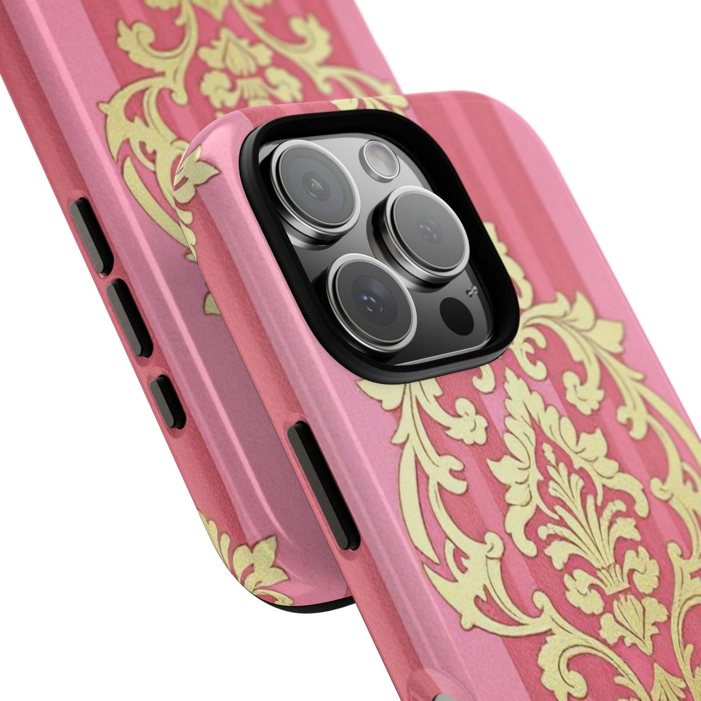 Elegant Floral Motif Phone Case - Tough Cases with Vintage Design - Pink Striped Damask