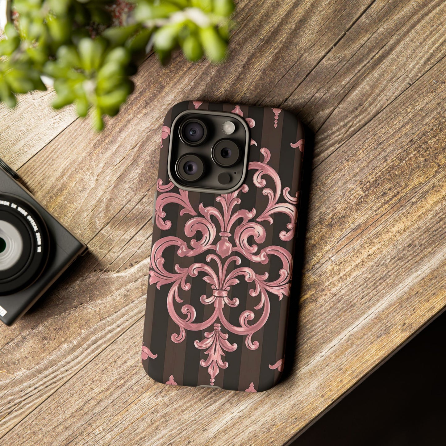 Elegant Floral Motif Phone Case - Tough Cases with Vintage Design - Brown Striped Mauve Damask