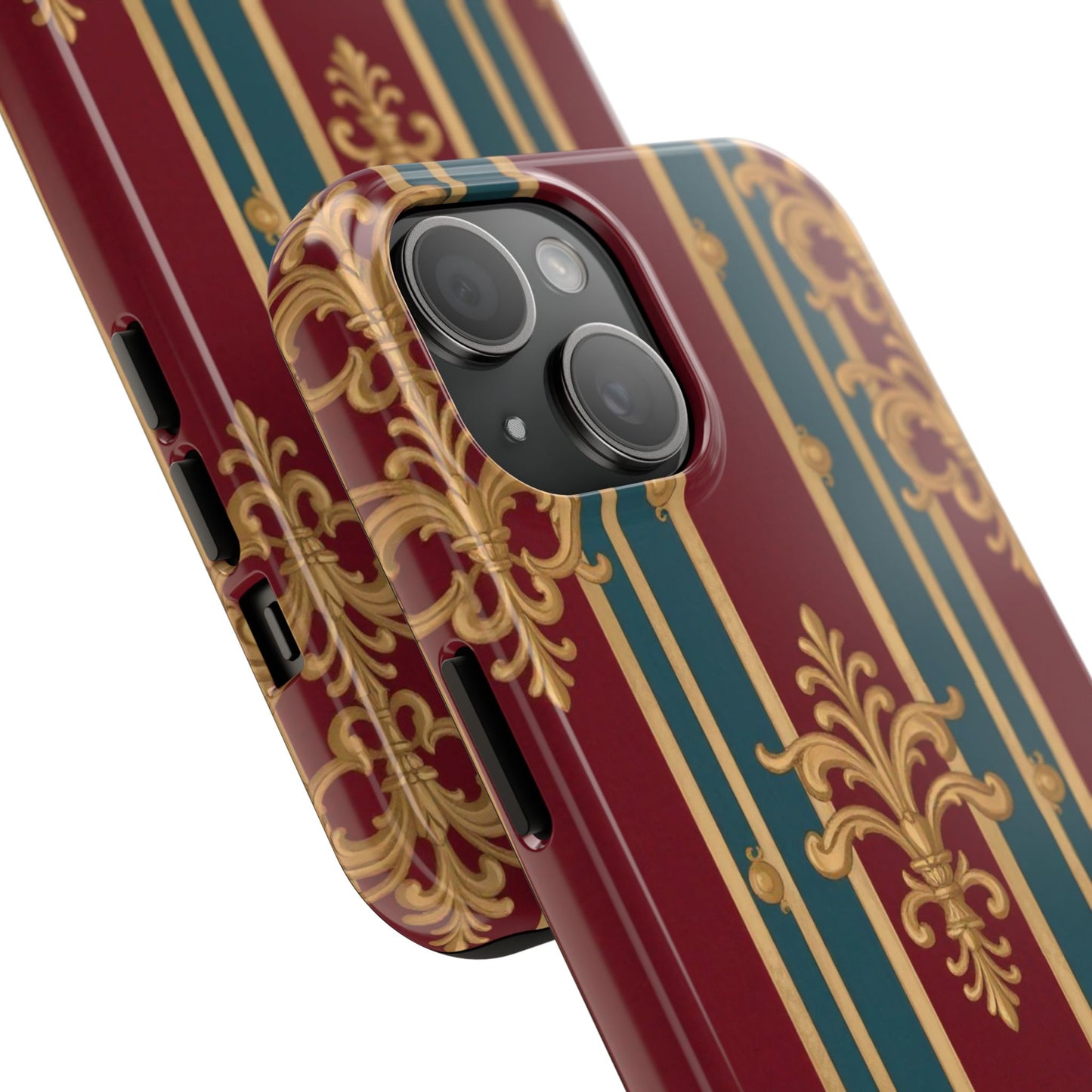 Elegant Vintage Tough Phone Case, Luxury Phone Protection, Stylish Phone Cover, Durable Phone Accessory - Burgundy Striped Gold Baroque