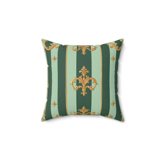 Elegant Vintage-Inspired Faux Suede Square Pillow, Home Decor, Throw Cushion, Living Room Accent - Mint Green & Teal Striped Gold Baroque