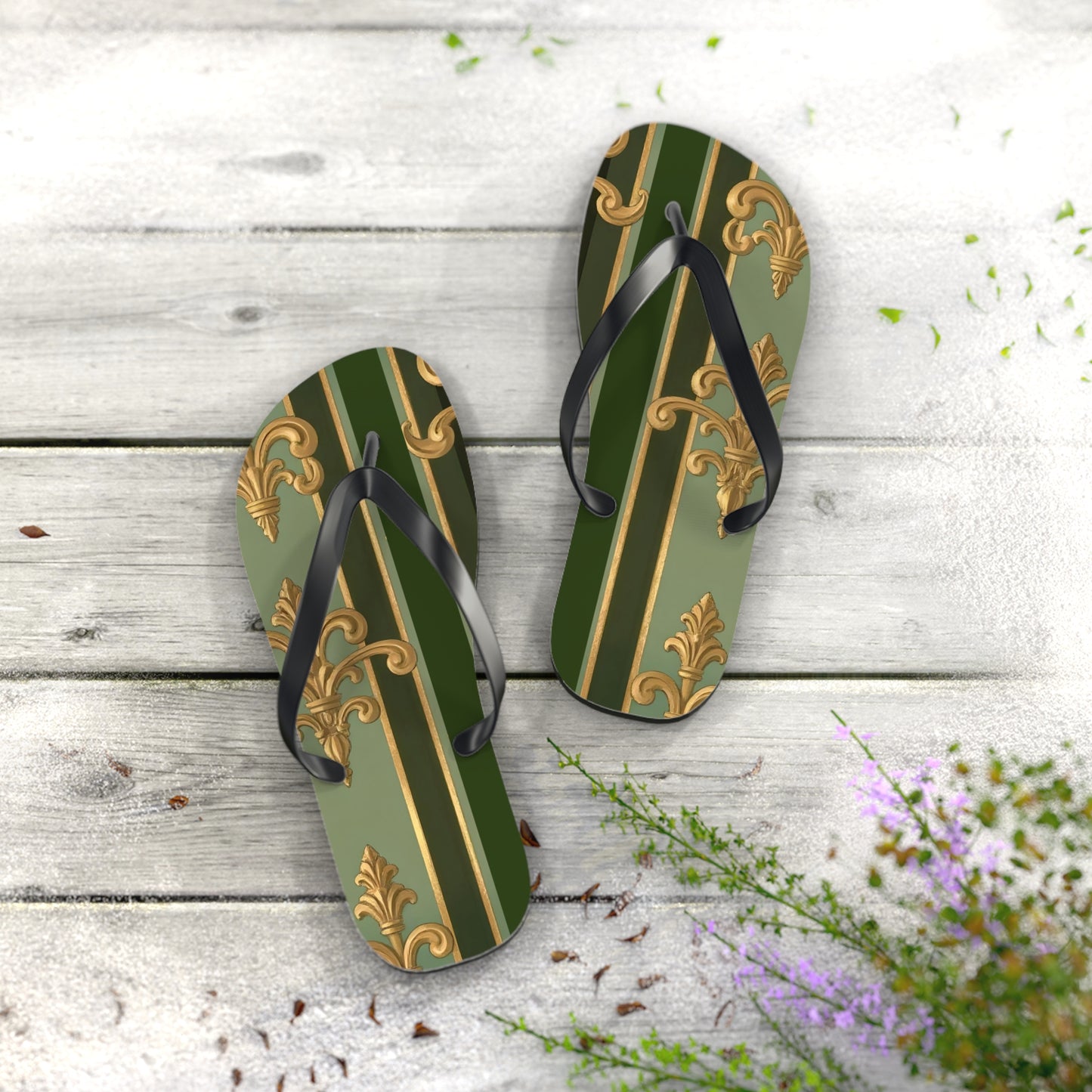 Elegant Vintage Flip Flops for Summer, Casual Sandals, Beachwear, Vacation Footwear, Summer Parties - Green Striped Gold Baroque