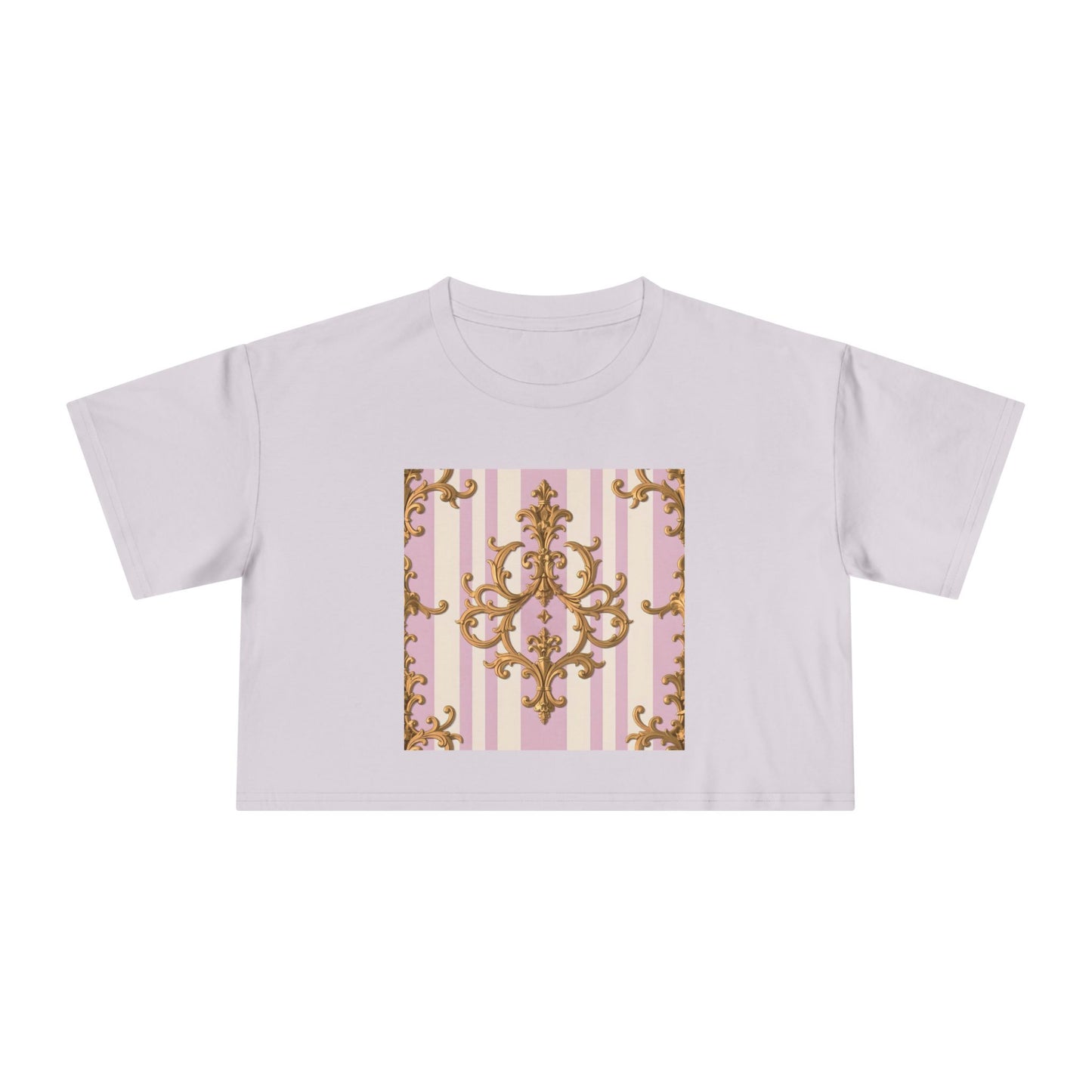 Chic Women's Crop Tee with Elegant Pink and Gold Design, Fashion Tee, Summer Style, Gift for Her - Lilac & Alabaster Striped Gold Baroque