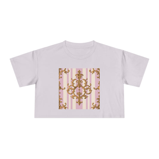 Chic Women's Crop Tee with Elegant Pink and Gold Design, Fashion Tee, Summer Style, Gift for Her - Lilac & Alabaster Striped Gold Baroque