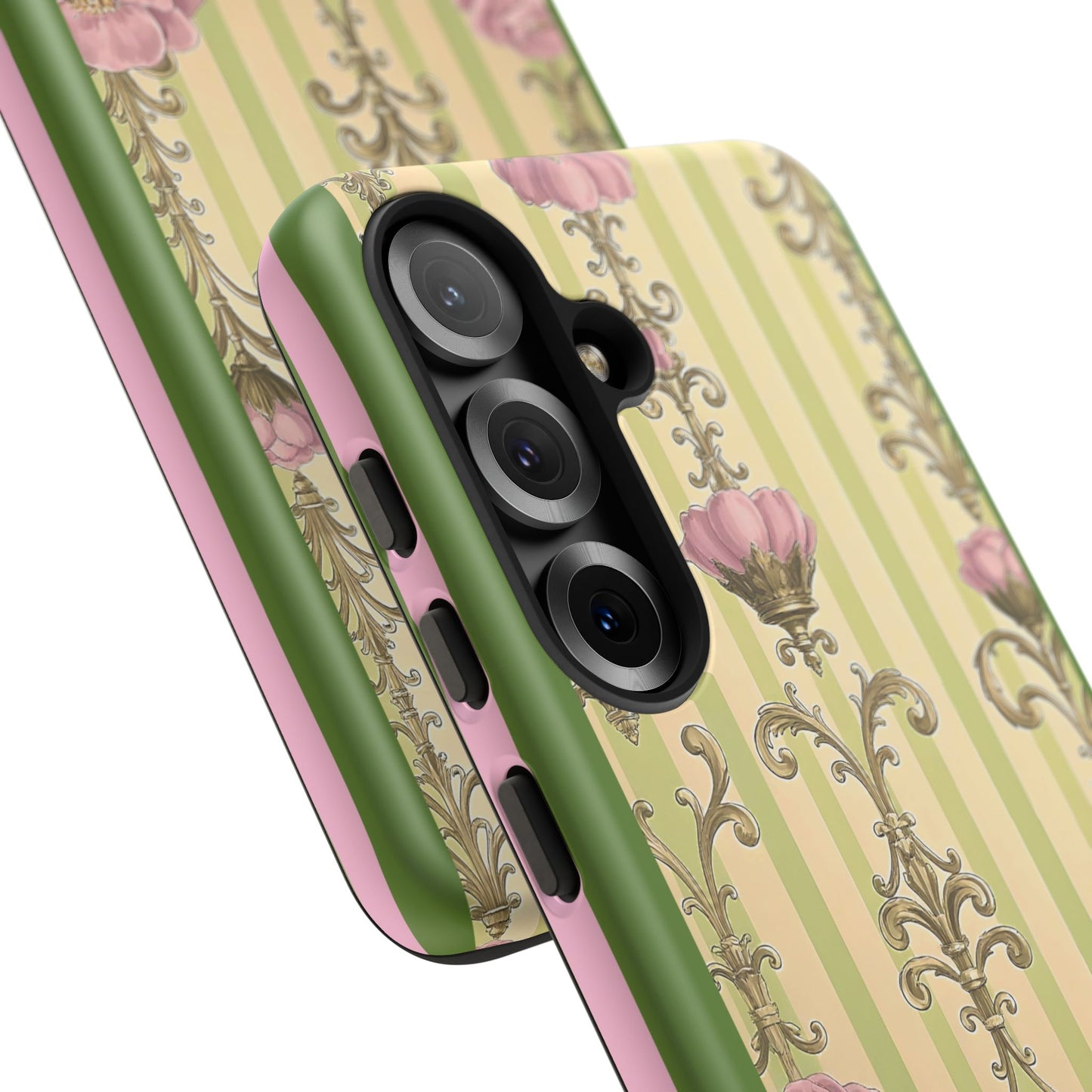Elegant Floral Motif Phone Case - Tough Cases with Vintage Design - Lime Green & Pink Striped Damask