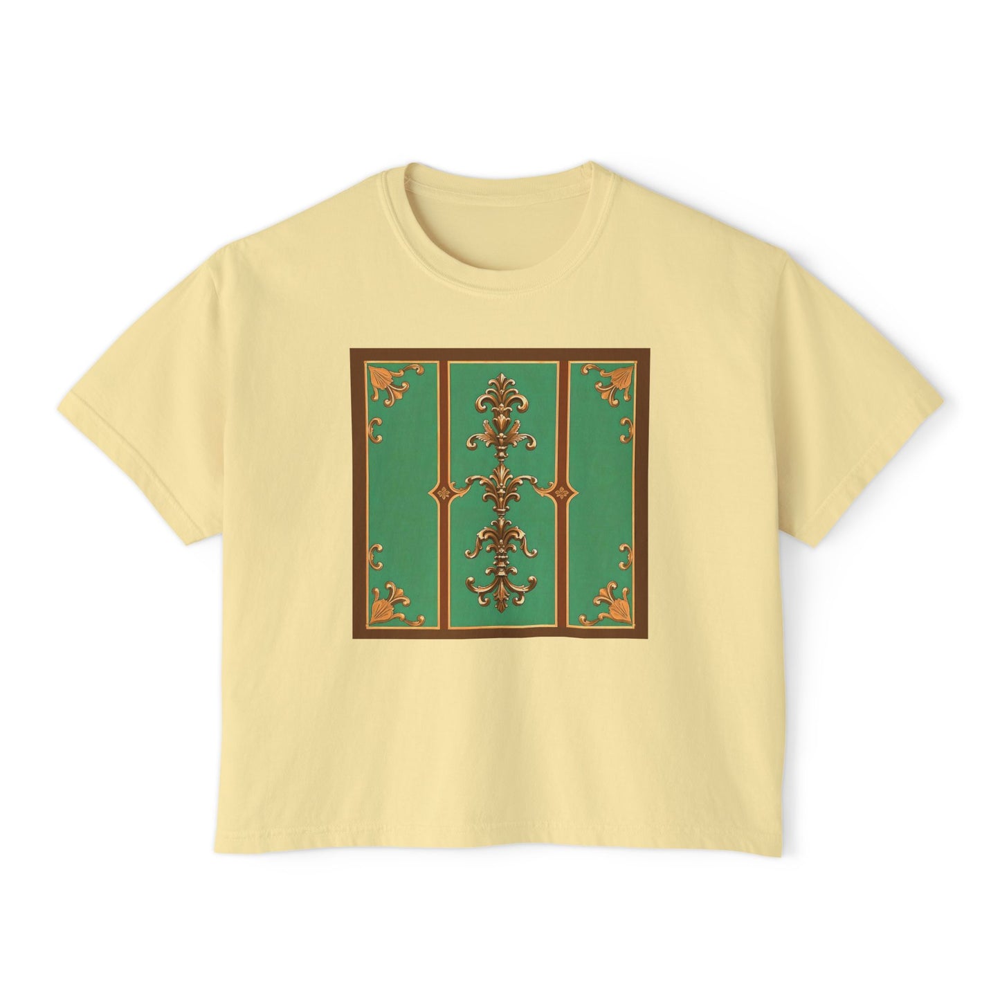Elegant Vintage Floral Women's Boxy Tee - Trendy Casual Shirt for All Occasions - Rust & Green Striped Baroque