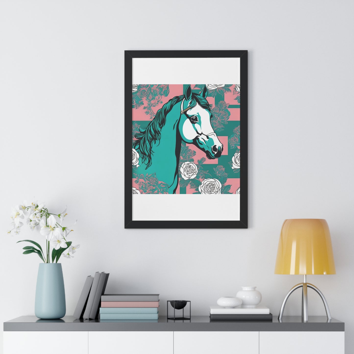 Vertical Poster - Stylish Modern Art for Home Decor - Teal & White Horse
