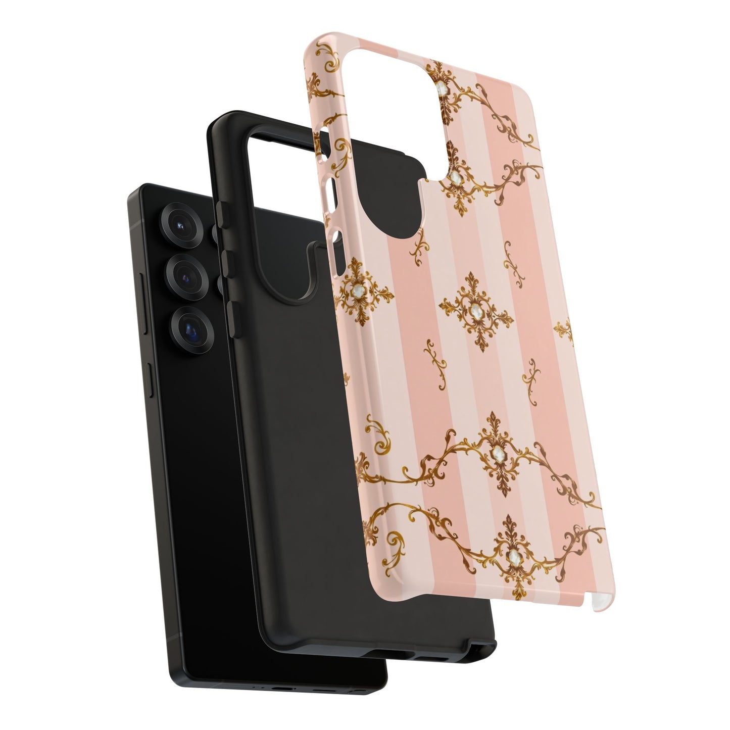 Elegant Floral Phone Case, Tough Cases for Women, Trendy Phone Cover, Chic Gift - Pink Jeweled Striped Gold Baroque