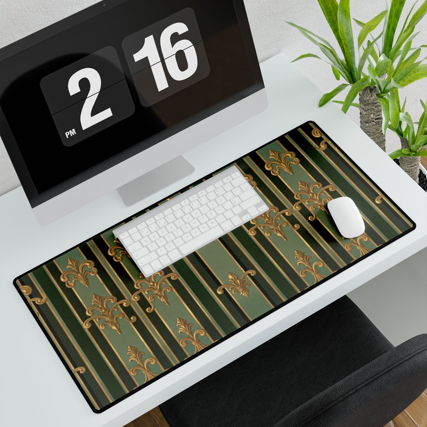Elegant Baroque Desk Mat, Office Decor, Home Office Accessories, Stylish Desk Pad, Gift for Writers - Green Striped Gold Baroque
