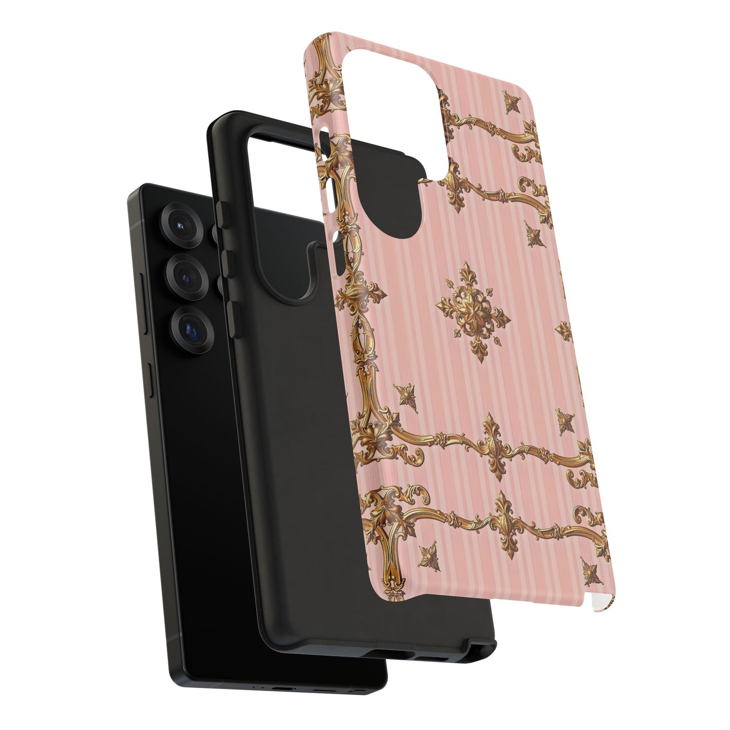 Elegant Floral Phone Case, Tough Cases for Women, Trendy Phone Cover, Chic Gift - Pink Striped Gold Baroque