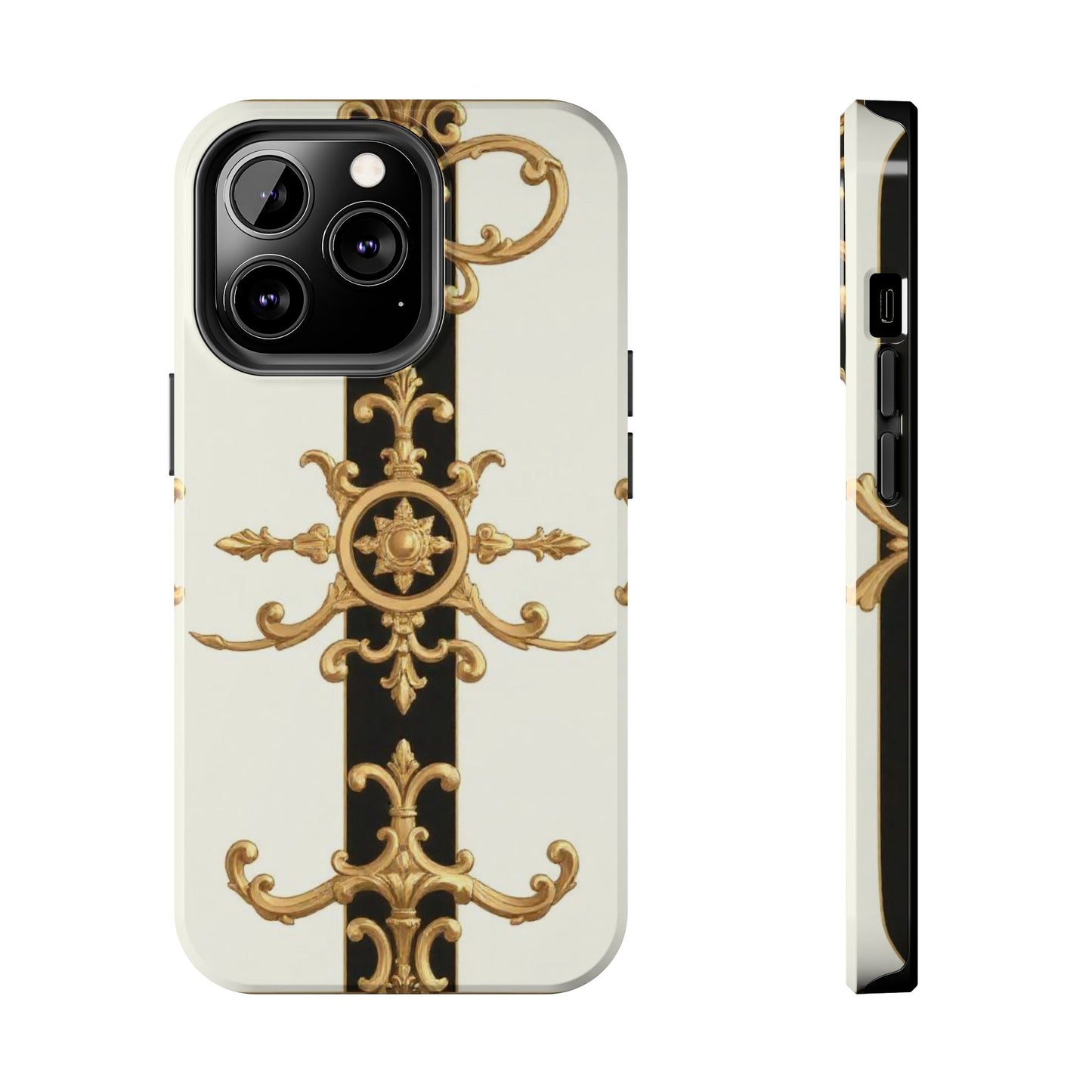 Elegant Baroque Tough Phone Case | Stylish Protection for Your Device, Gift for Her, Phone Accessories - Black & White Striped Gold Baroque