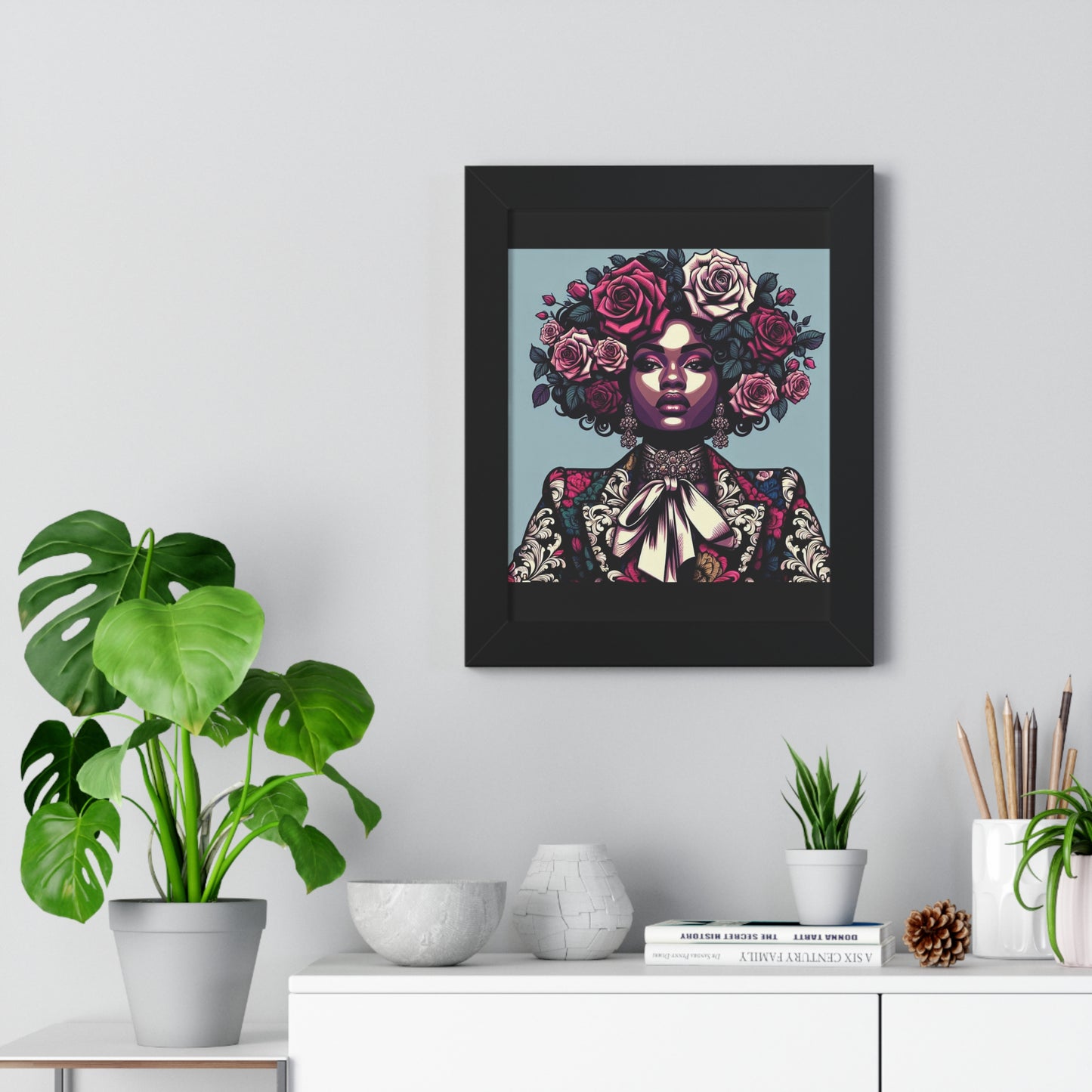 Vertical Poster -  Lady In Damask Suit & Roses Wall Art