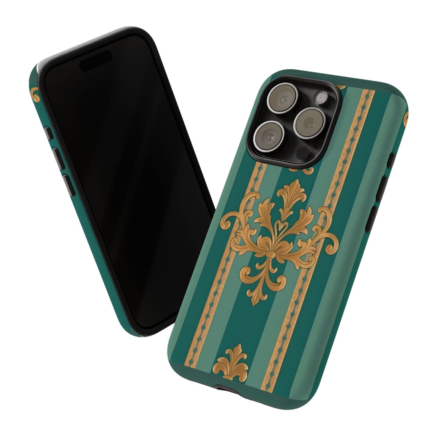 Elegant Floral Motif Phone Case - Tough Cases with Vintage Design - Teal Striped Gold Damask