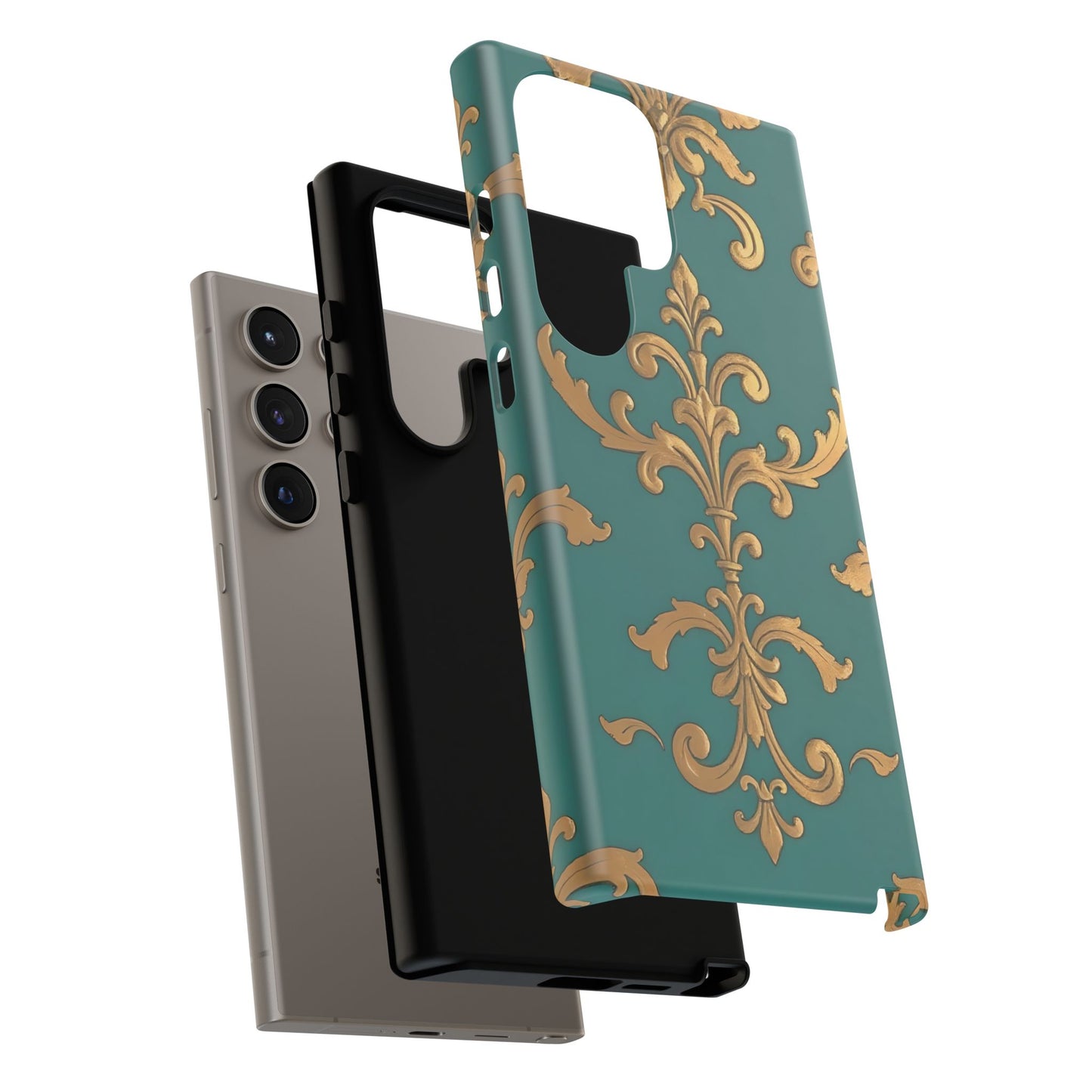 Elegant Floral Motif Phone Case - Tough Cases with Vintage Design - Aqua & Gold Damask