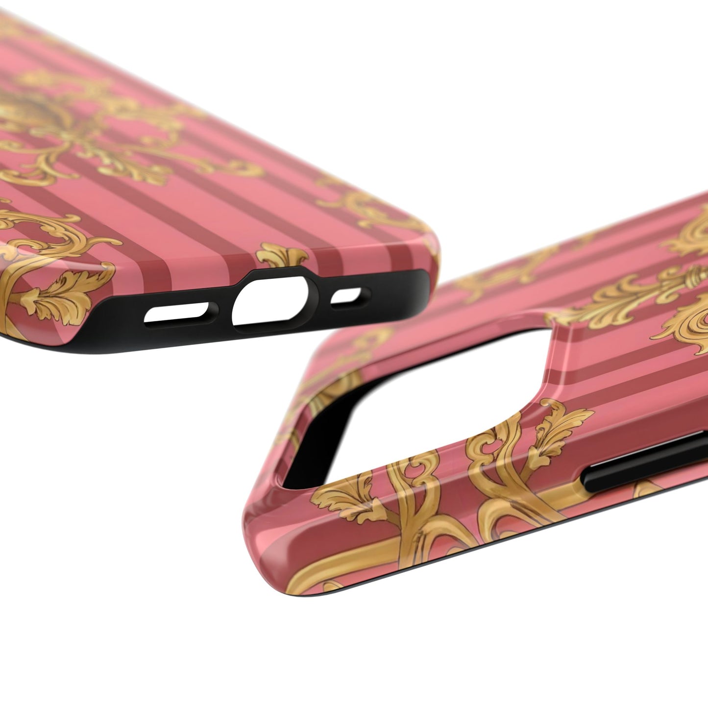 Elegant Baroque Tough Phone Cases, Durable Phone Cover, Stylish Accessory, Gift for Any Occasion - Pink Striped Gold Baroque
