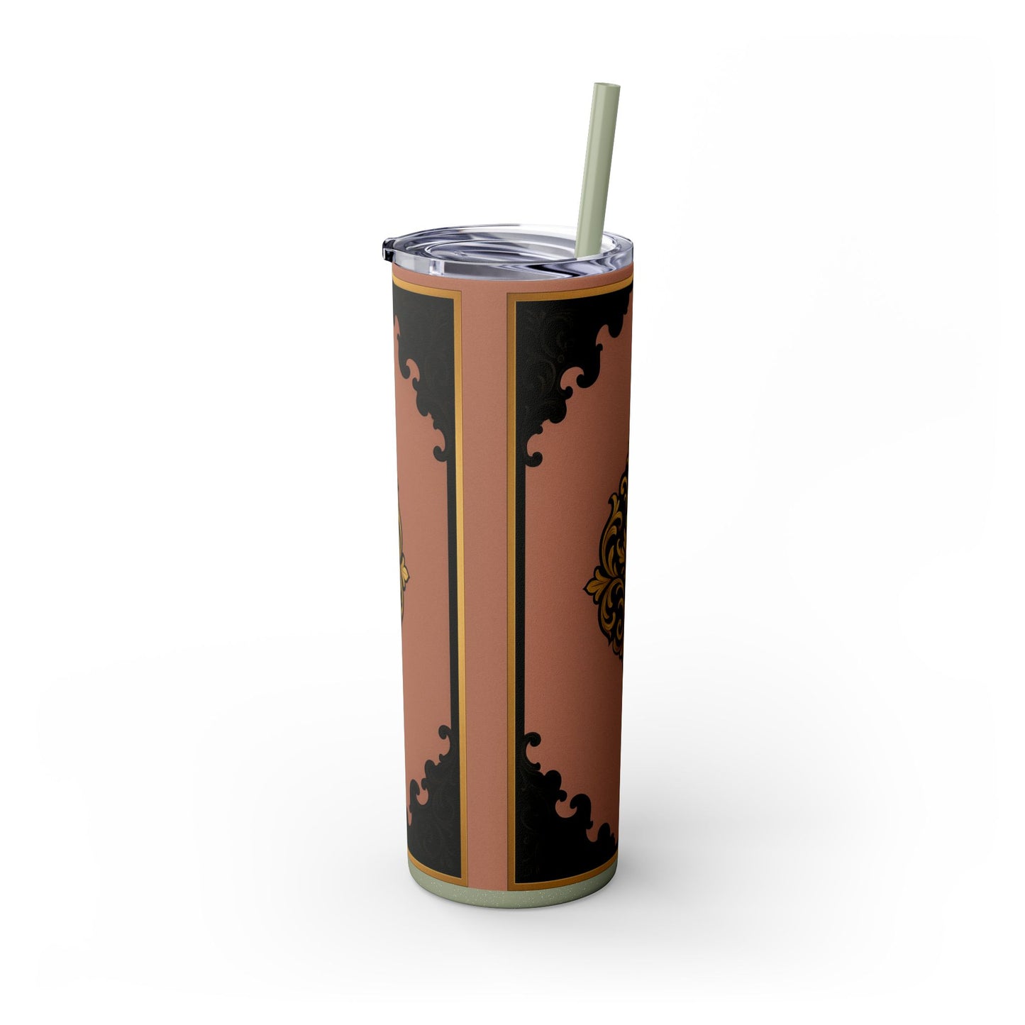 20oz Skinny Tumbler with Straw — Vintage Mauve & Black-Gold Baroque Design