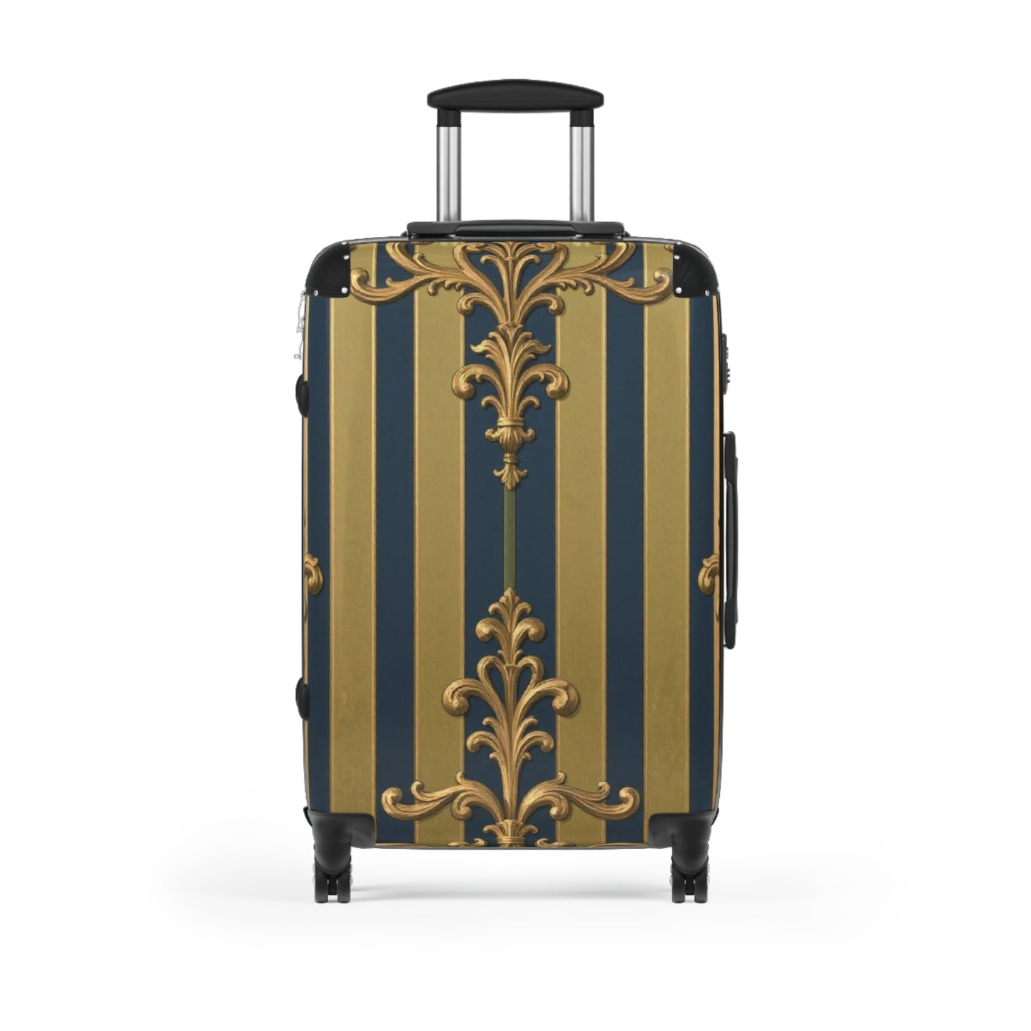 Elegant Midnight Blue & Olive Striped Gold Baroque Travel Suitcase, Chic Luggage for Stylish Travelers, Fashionable Overnight Bag, Luxury Baggage