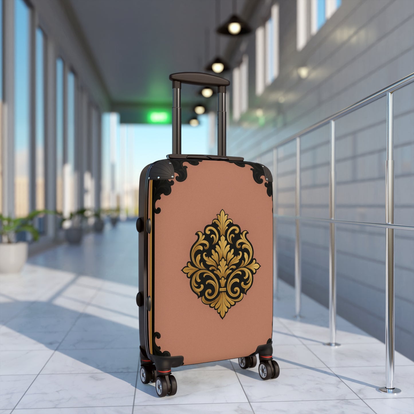 Mauve & Black-Gold Baroque Carry-On Suitcase with Elegant Gold Baroque Design — Vintage Travel Luggage