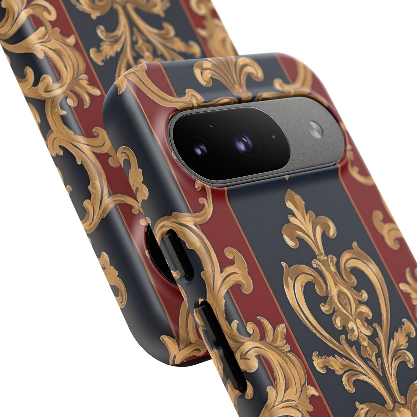 Elegant Floral Motif Phone Case - Tough Cases with Vintage Design - Midnight Blue & Dusk Red Striped Gold Damask