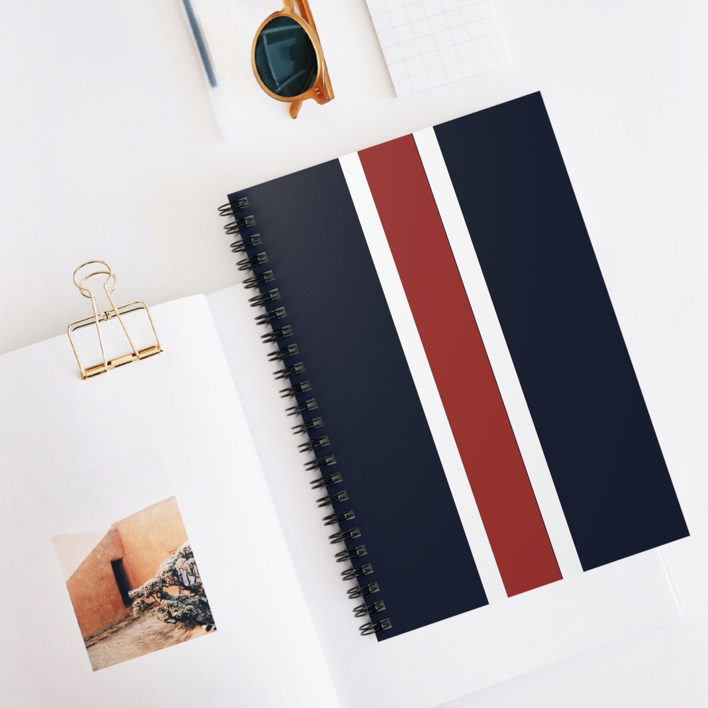 Lunar Midnight & Red-White Striped Stylish Spiral Notebook - Ruled Lines, Perfect for Students, Journaling, Note-Taking, Gifts, and Organizing
