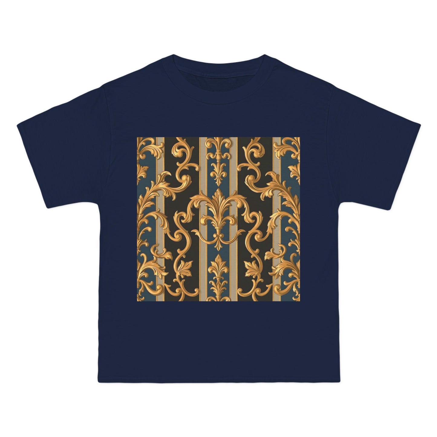 Ornate Gold Pattern Short-Sleeve T-Shirt, Stylish Casual Wear, Unique Graphic Tee - Blue & Black Striped Rococo