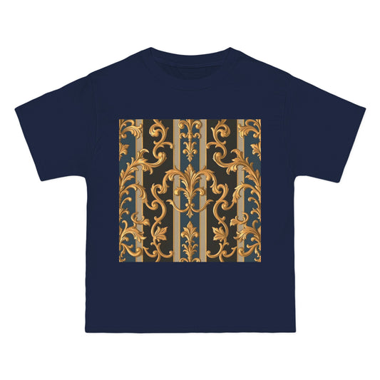 Ornate Gold Pattern Short-Sleeve T-Shirt, Stylish Casual Wear, Unique Graphic Tee - Blue & Black Striped Rococo