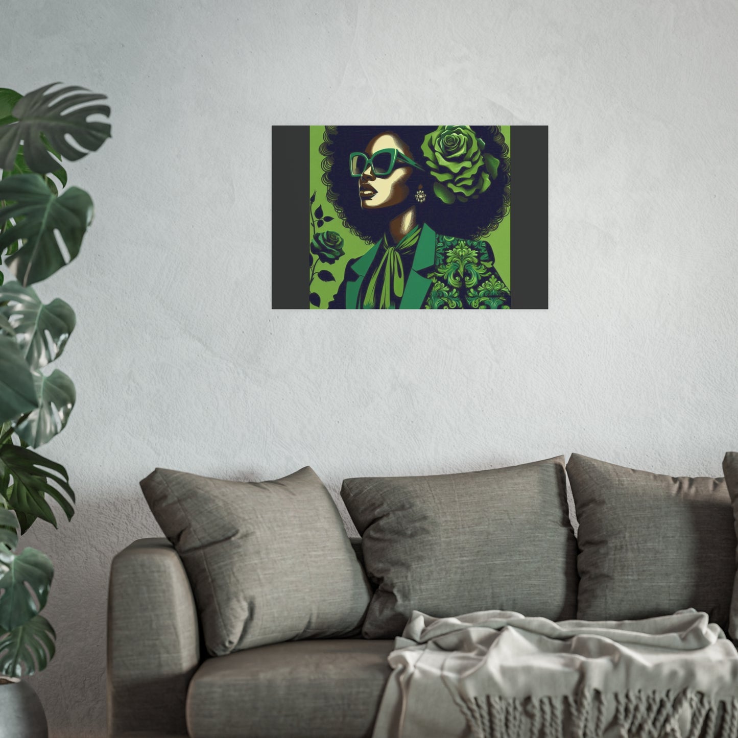 Chic Afrocentric Art Poster, Vibrant Wall Décor, Stylish Home Decoration, Damask Chic Art Print - Lady In Green Damask