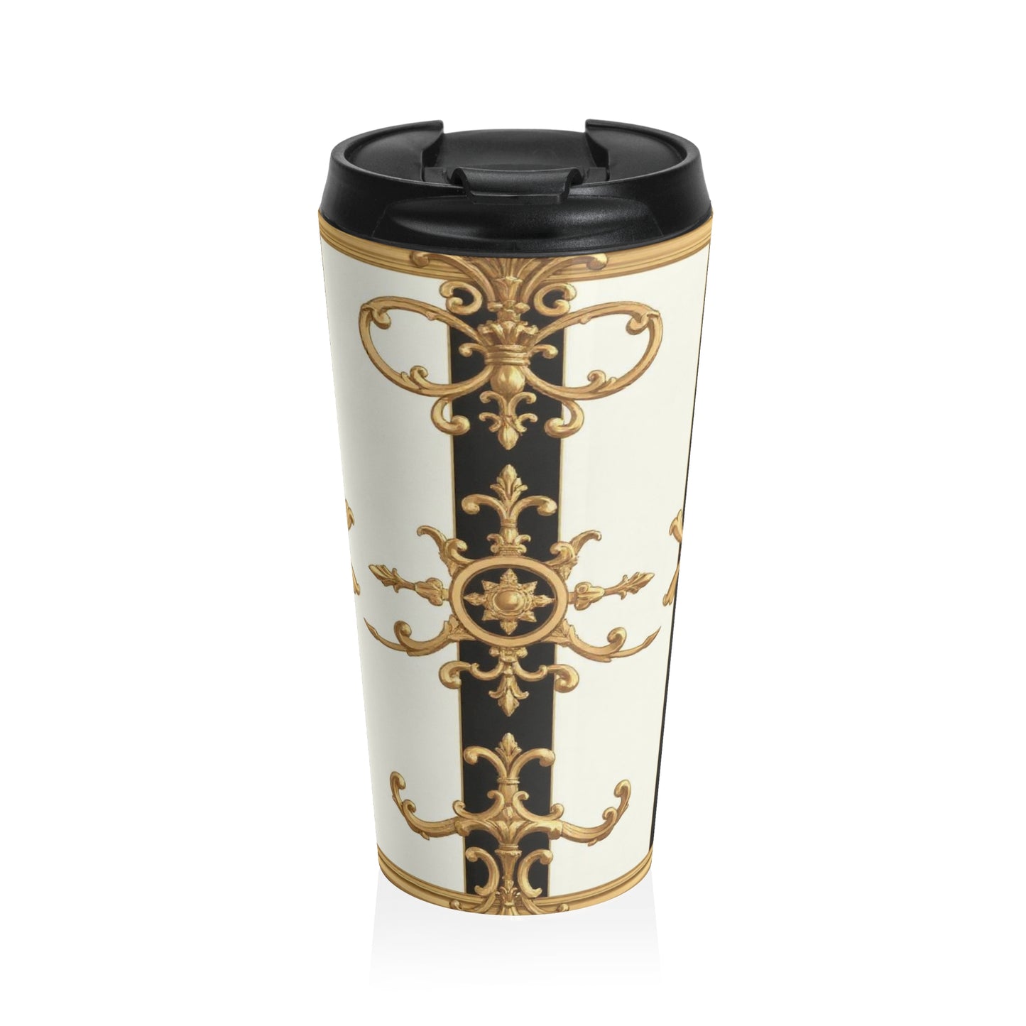 Elegant Stainless Steel Travel Mug with Ornate Design - Perfect Gift for Coffee Lovers, Travel Companion - Black & White Striped Gold Baroque
