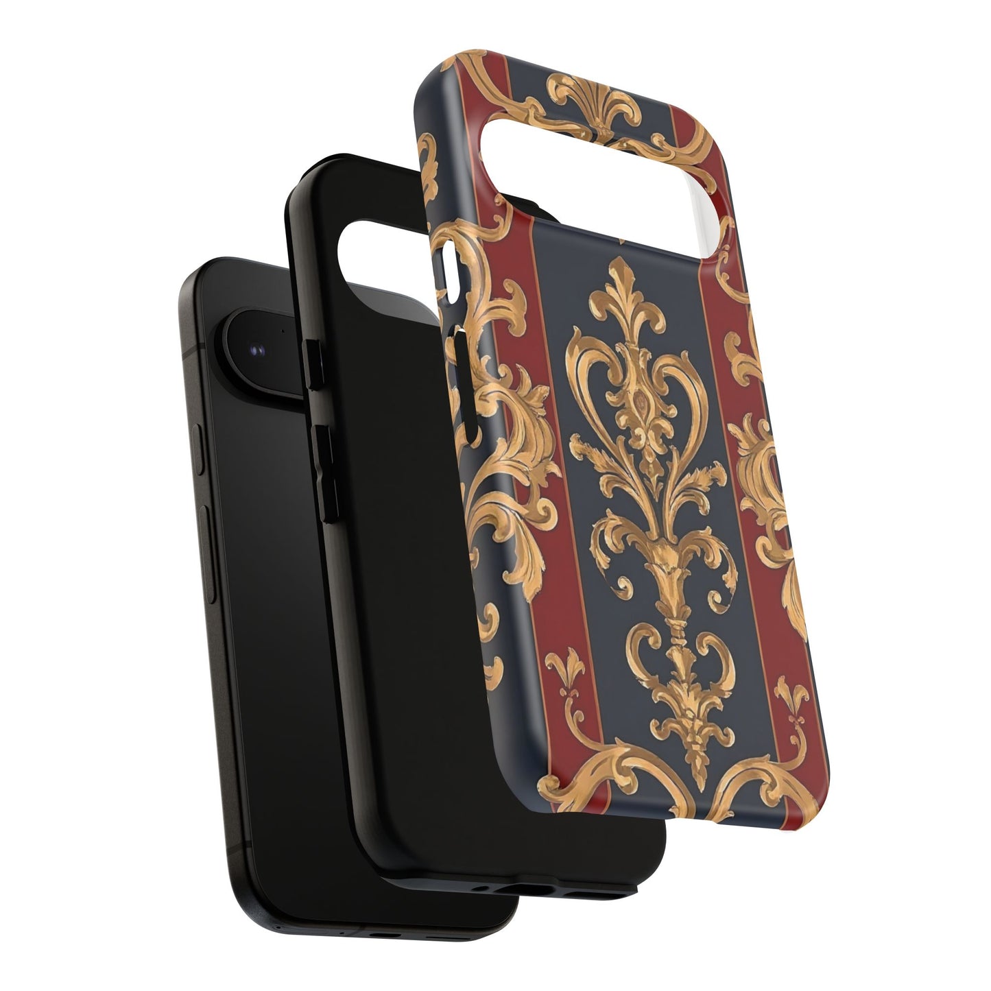 Elegant Floral Motif Phone Case - Tough Cases with Vintage Design - Midnight Blue & Dusk Red Striped Gold Damask