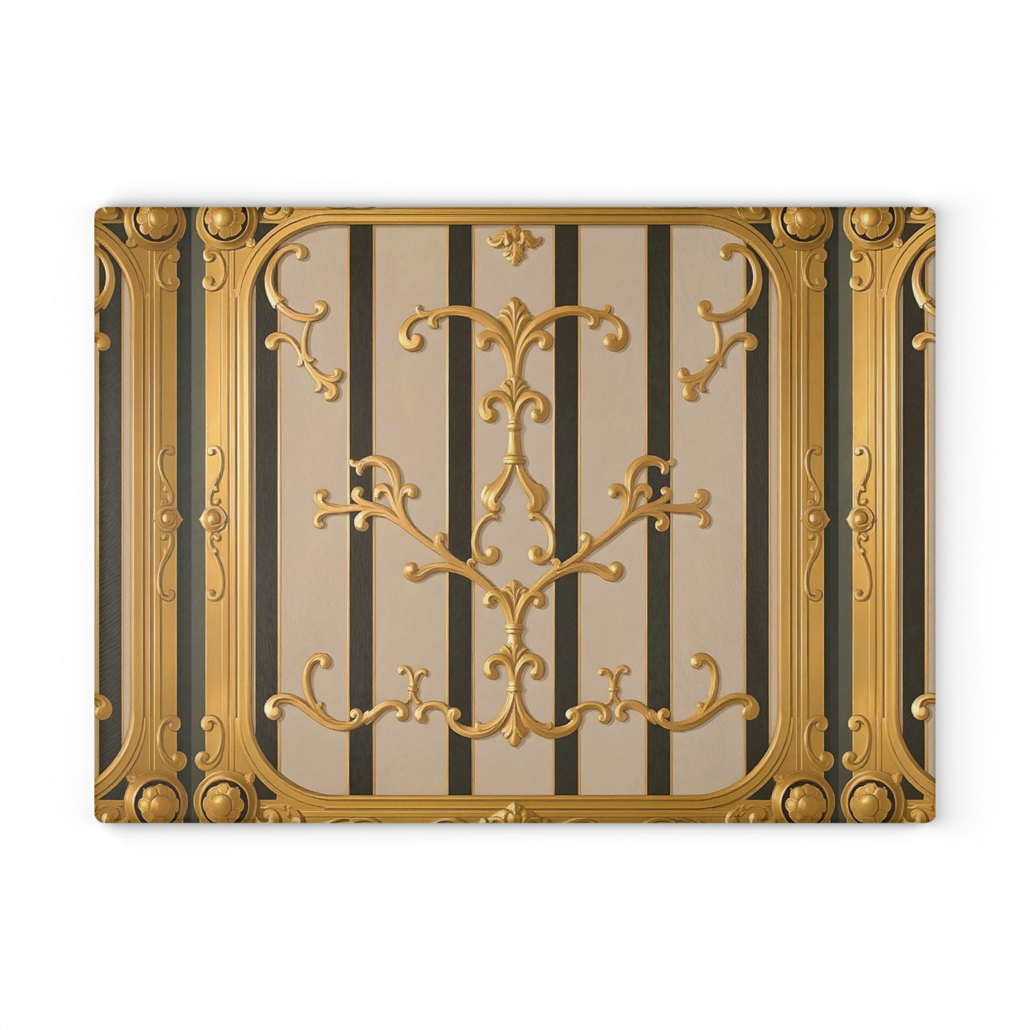 Elegant Decorative Glass Cutting Board | Kitchen Gifts, Home Decor, Wedding Registry, Unique Kitchenware - Beige Striped Gold Rococo