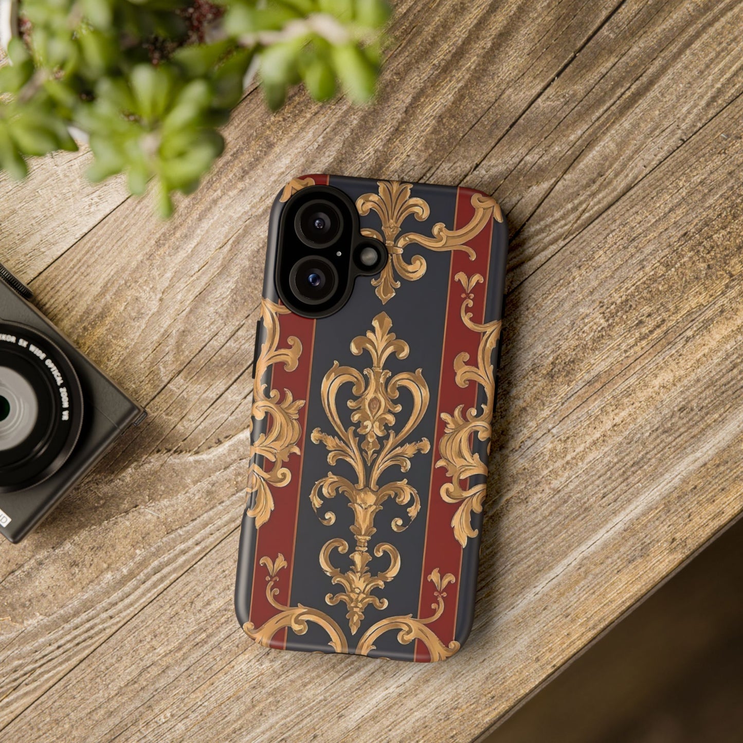 Elegant Floral Motif Phone Case - Tough Cases with Vintage Design - Midnight Blue & Dusk Red Striped Gold Damask