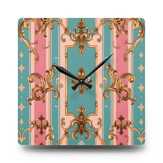 Vintage Elegance Acrylic Wall Clock, Timeless Home Decor, Chic Wall Art, Gift for Weddings, Birthdays - Pink & Matte Turquoise Striped Rococo