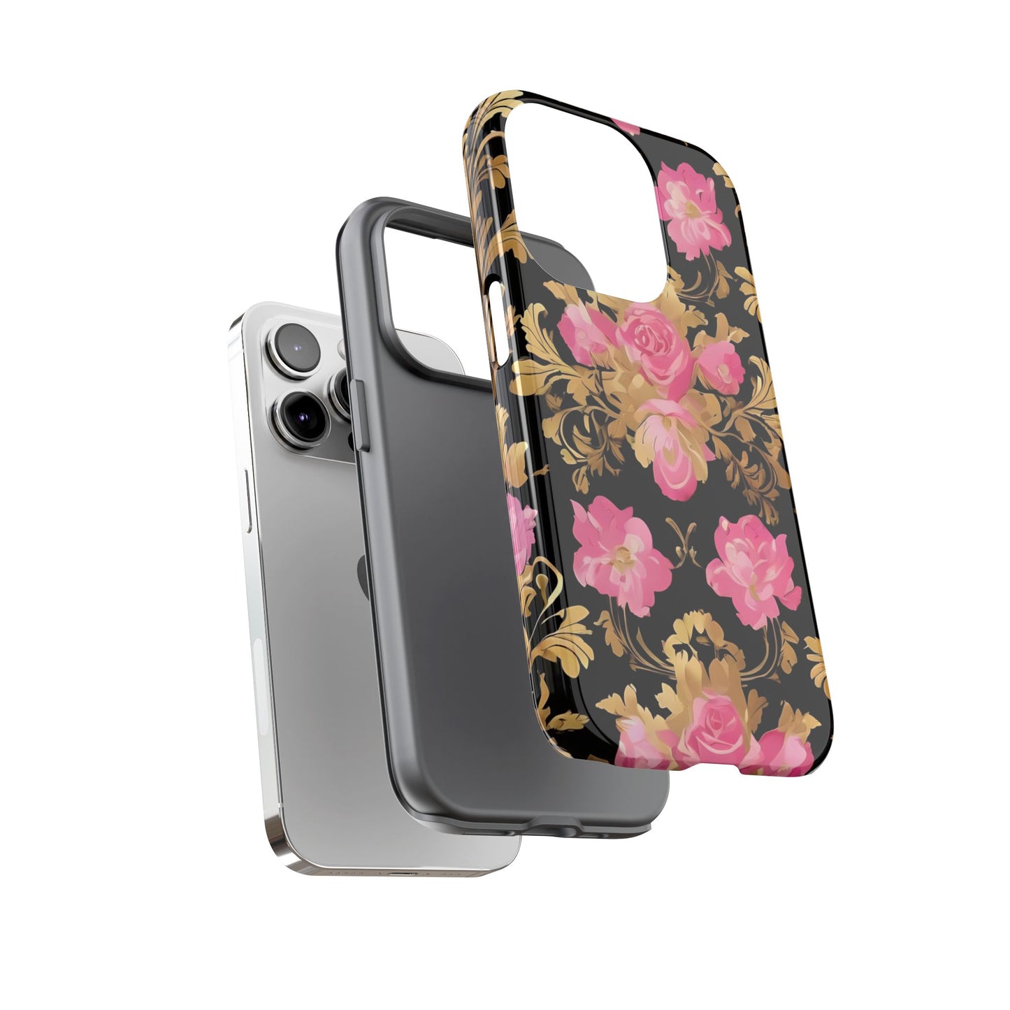 Elegant Floral Motif Phone Case - Tough Cases with Vintage Design - Pink & Gold Roses