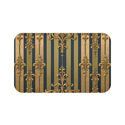Elegant Midnight Blue & Olive Striped Gold Baroque Vintage Stripe Bath Mat - Luxurious Home Decor, Bathroom Accent, Gift for Housewarming
