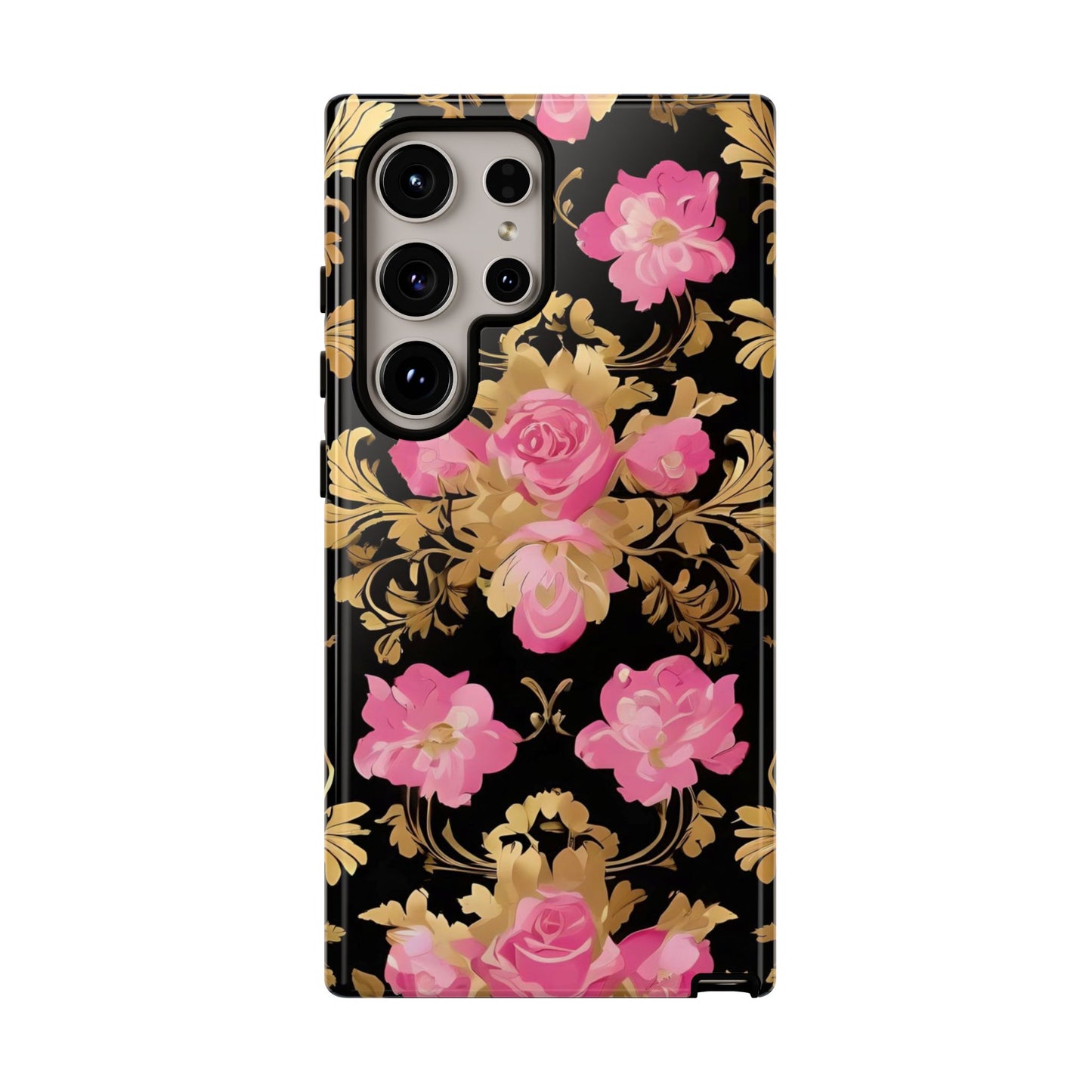 Elegant Floral Motif Phone Case - Tough Cases with Vintage Design - Pink & Gold Roses