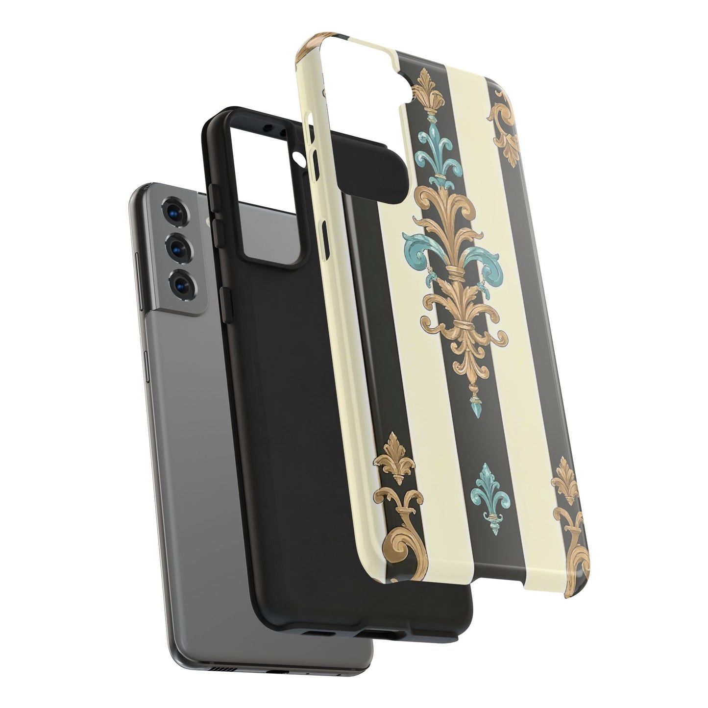 Elegant Vintage Tough Phone Cases, Stylish Phone Accessories, Quality Protection, Gifts for Her - Black Striped Turquoise & Black Rococo