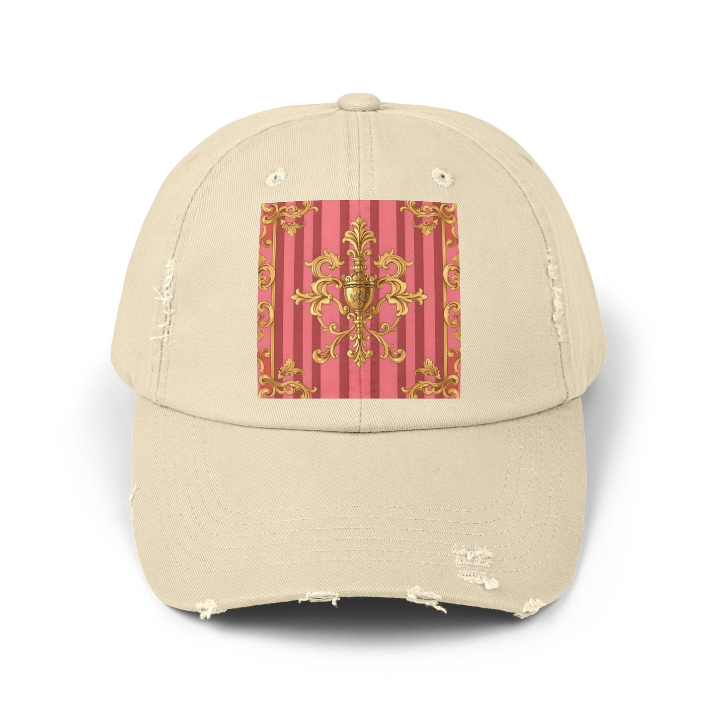 Chic Distressed Unisex Cap - Trendy Accessories for Style Lovers, Everyday Wear, Fashion Statement, Birthday Gift - Pink Striped Gold Baroque