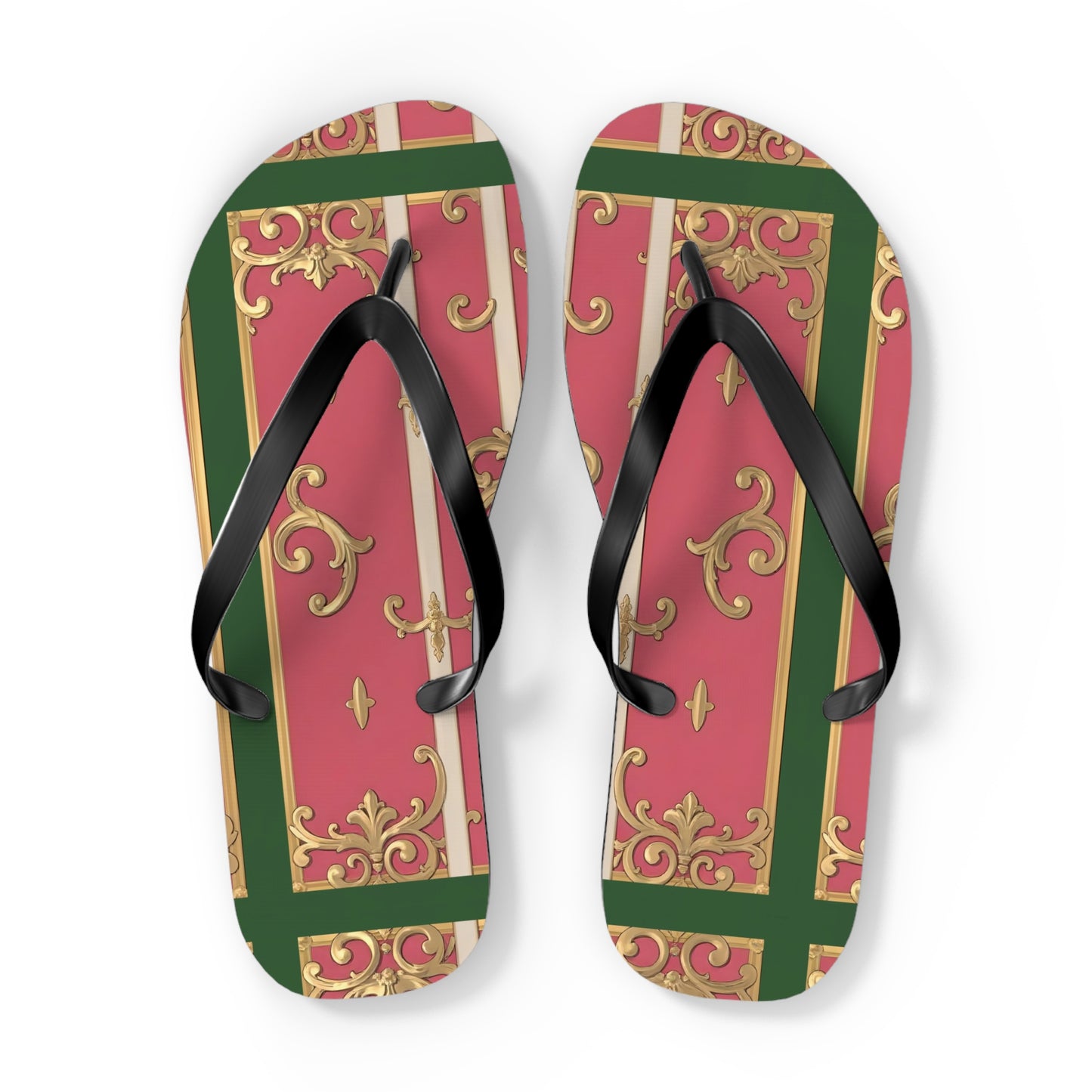 Elegant Green Border Pink Striped Baroque Flip Flops, Summer Footwear, Vacation Sandals, Beach Accessories, Stylish Thong Slippers