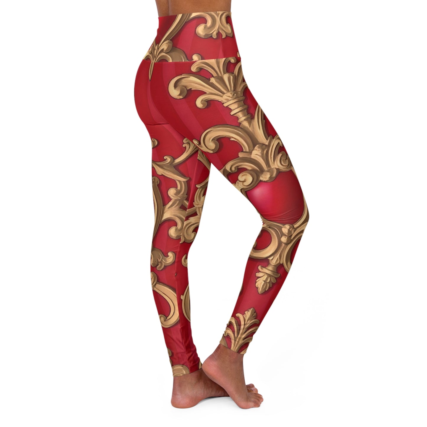 Elegant Red Baroque High Waisted Yoga Leggings - Stylish Activewear, Workout Leggings, Fitness Apparel, Fashion Yoga Pants, Unique Legging Design
