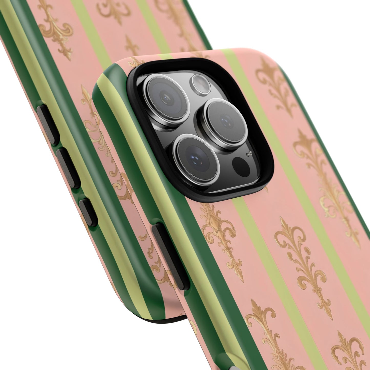 Elegant Floral Motif Phone Case - Tough Cases with Vintage Design - Lime Green & Pink Striped Damask